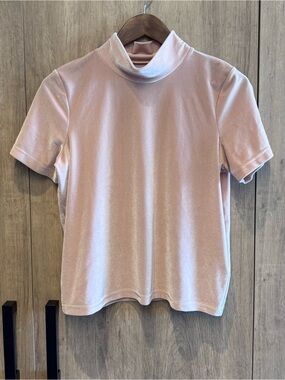 Madewell Pink Velvet Mock Neck Soft Girl Pastel Top M Short Sleeve